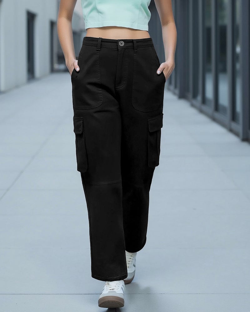 bewakoof Women's Black Straight Cargo Pants - Image 1